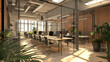 © Vector point - Blur focus modern, contemporary and fashion office interior. Front view of an open space office interior. Minimalist, japandi interior design of modern living room with stylish furniture.