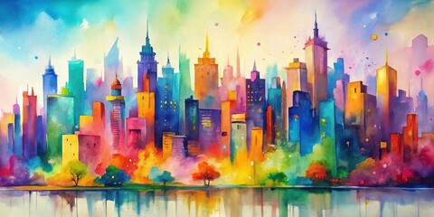 Fototapete - Vibrant abstract aquarelle painting of colorful cityscape with bright complementary colors