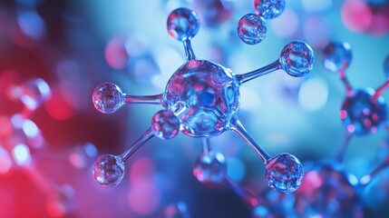 Wall Mural - a microscopic view of a water molecule's structure in vivid blue and red hues, demonstrating the com