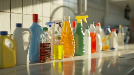 cleaning supplies on a kitchen counter