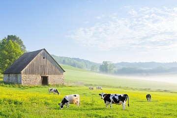 A serene morning on a French dairy farm, with cows grazing near an old stone barn and mist rising from the fields, dairy, regional, calm, rural