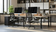 © Made - The work space is equipped with rows of individual desks equipped with computers and ergonomic office chairs, a modern and minimalist office