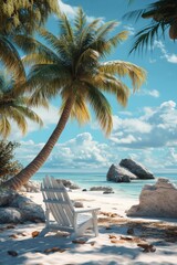 Poster - A single chair sits on a sandy beach