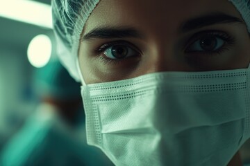 Poster - Close-up shot of a person wearing a surgical mask, suitable for use in medical or health-related contexts