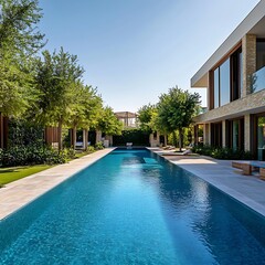 Canvas Print - A serene modern villa featuring a long swimming pool surrounded by lush greenery and contemporary architecture.