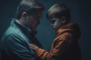 Poster - A man and a young boy sit together in a dimly lit room, surrounded by shadows