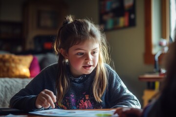 Poster - A young girl sits at a table, engrossed in her favorite book