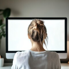 Canvas Print - A woman with a bun sitting in front of a computer, focused on the screen.