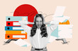 © deagreez - Creative drawing collage picture of tired female suffer migraine paper office work freak bizarre unusual fantasy billboard