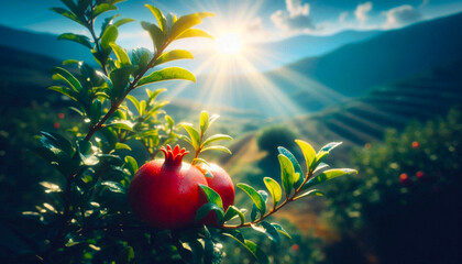 fresh Ripe red pomegranate fruit on tree branch in field