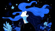 © Neural9 Project - Abstract Illustration of a Woman with Blue Hair Flowing in the Night Sky with Stars