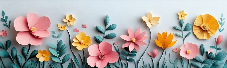 Leinwandbilder - A vibrant, multi-colored floral arrangement featuring paper flowers and leaves against a light blue backdrop, creating a cheerful and artistic display.