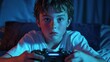 © David Martínez - Niño jugando videojuegos con mirada concentrada en una habitación iluminada por luz azul, concepto de entretenimiento digital y tecnología