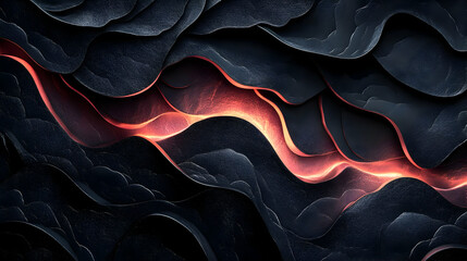 Wall Mural - abstract 3d render of black textured wavy shapes with glowing red lines