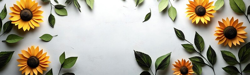 Leinwandbilder - A vibrant arrangement of yellow sunflowers with green leaves on a light background, creating a cheerful and fresh aesthetic suitable for various designs.
