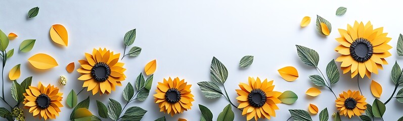 Leinwandbilder - A vibrant arrangement of sunflowers with leaves and petals, creating a cheerful and lively floral display against a light background.