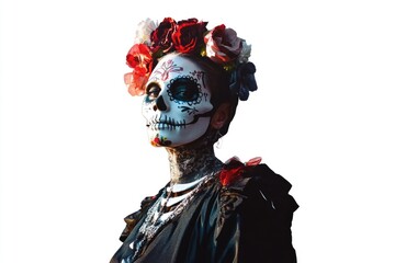 Poster - A woman with a unique skull-inspired makeup and flowers in her hair, perfect for creative or spooky-themed projects