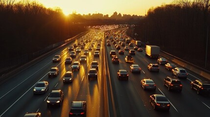 Canvas Print - Highway traffic jam at sunset, suitable for use in city planning or travel images