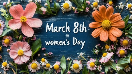  A vibrant display of various flowers including pink and orange blooms arranged beautifully. The words March 8 and women's Day are prominently featured, emphasizing the celebration of women on this spe