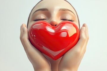 Sticker - A woman holds a red heart in front of her face, a symbol of secrecy or embarrassment