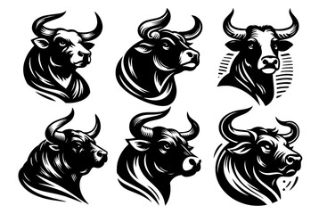 Wall Mural - energetic black vector bulls portriats charging positions