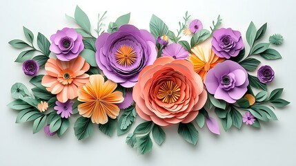 Leinwandbilder - A vibrant arrangement of handcrafted paper flowers in shades of pink, purple, and orange, surrounded by green leaves, creating a decorative floral display.