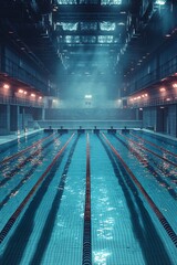 Aufkleber - A tranquil indoor swimming pool illuminated by soft lighting and mysterious fog, reflecting shadows in the water.