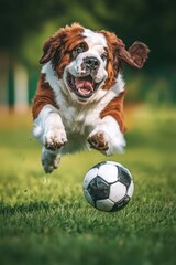 A brown and white dog in mid-air, jumping over a soccer ball