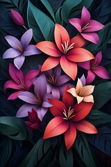 Poster - A vibrant arrangement of colorful flowers set against dark green leaves, showcasing a stunning variety of blooms in shades of purple, red, and orange.