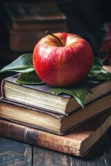 Poster - A bright red apple sits atop a stack of books, perfect for a still life or educational setting