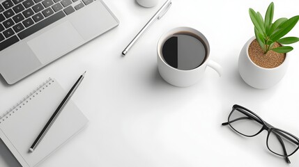 Poster - Glossy geometric 3D office supplies and equipment artfully arranged on a pristine white surface conveying a professional