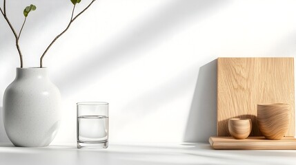 Aufkleber - Meticulously arranged still life of minimalist 3D household objects including a modern ceramic vase sleek glass tumbler and smooth wooden sculpture on a plain white background with soft shadows