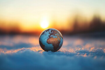 Canvas Print - A single globe sits atop snow-covered ground, providing a unique perspective