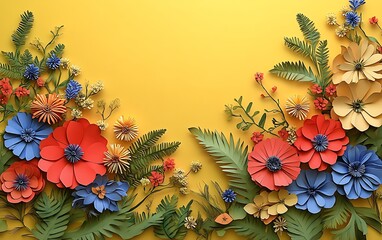 Leinwandbilder - A vibrant arrangement of colorful paper flowers and lush greenery against a bright yellow background, creating a cheerful and artistic display.