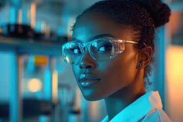 Poster - Woman in a lab coat and glasses working or studying, may be used for science education or workplace illustrations