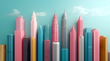Aufkleber - Aerial View of Vibrant Kuala Lumpur Skyline with Futuristic Skyscrapers Bathed in Neon Pink and Blue Hues in Retro 80s Inspired Style