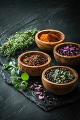 Canvas Print - Four wooden bowls filled with various spices