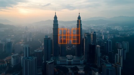 Aufkleber - Captivating aerial perspective of Kuala Lumpur s futuristic skyline featuring a mesmerizing neon infused grid and a retro sci fi aesthetic creating a striking and visually compelling cityscape