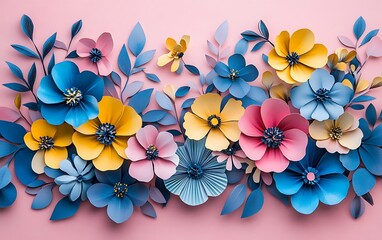 Leinwandbilder - Colorful paper flowers and leaves arranged beautifully against a pink background, creating a vibrant and artistic floral display.
