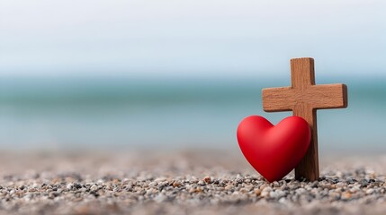 Peaceful religious coastal landscape with a red heart and wooden Christian cross standing as a symbol of faith