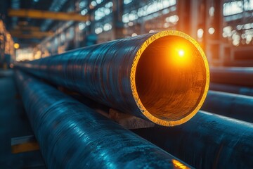 In a bustling industrial workshop during the afternoon, steel pipes are arranged meticulously. The inner surface of a pipe shines brightly with a warm glow, showcasing the craftsmanship and materials 