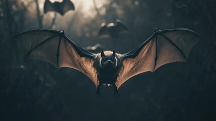 Sticker - A bat in flight above trees and foliage