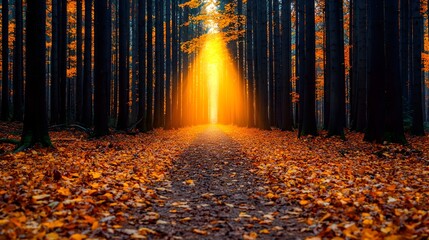 Aufkleber - Enchanting autumn forest path with warm sunlight filtering through a canopy of vibrant orange and yellow leaves creating a magical and atmospheric natural landscape