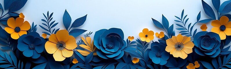 Leinwandbilder - A vibrant floral arrangement featuring blue and yellow flowers against a light blue background, creating a striking visual contrast.