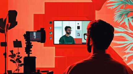 A content creator recording a product review, with an abstract red background adding a contemporary and engaging atmosphere