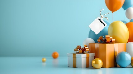 Leinwandbilder - Floating 3D of a vibrant online sale banner featuring a colorful gift box discount tag and social media icons   perfect for e commerce digital marketing and web design projects