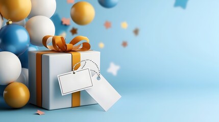 Poster - Floating 3D featuring a vibrant online sale banner gift box discount tag and social media icons in a contemporary abstract and digital style