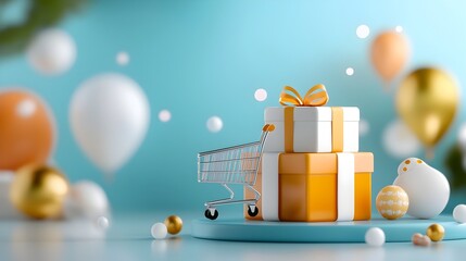Poster - Abstract 3D composition showcasing a digital shopping journey featuring a holistic arrangement of floating elements including a shopping cart search bar and transaction icons