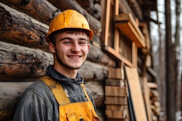 Young man wearing a hard hat, standing in front of a wooden log cabin. This photo is ideal for construction, woodworking, and safety topics.