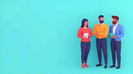 Fototapete - Diverse team of vibrant data analysts collaborating to interpret and present interactive 3D infographic charts using vivid colors and clean digital art to create a modern